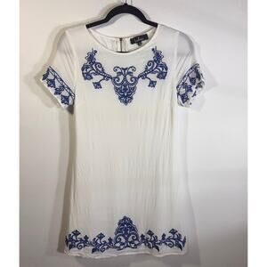 Lulus White Blue Embroidered Dress Short Sleeve A Line Mini Size Medium